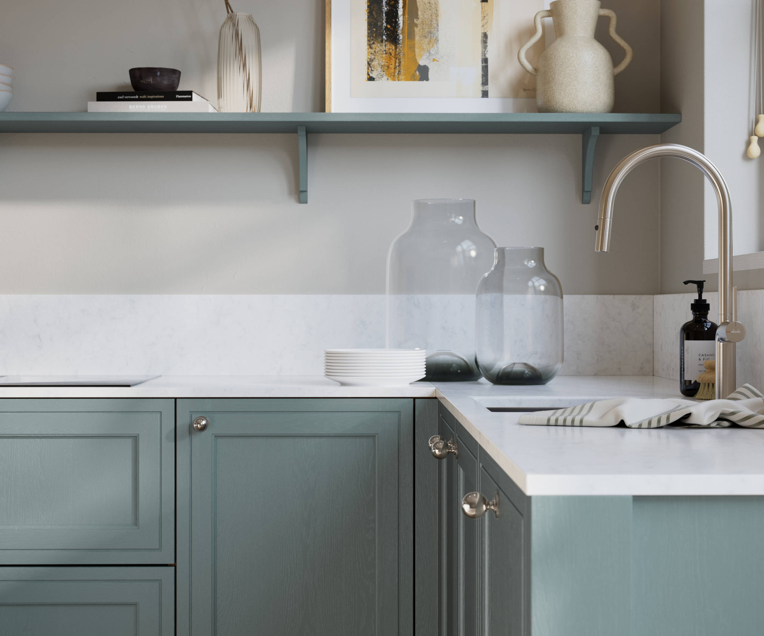 Bewdley Duck Egg painted wood grain Shaker kitchen cabinetry with steel knobs, steel tap, white marbled worktop and matching backsplash, an open shelf on the wall above cabinets with ceramics and a vase of flowers.