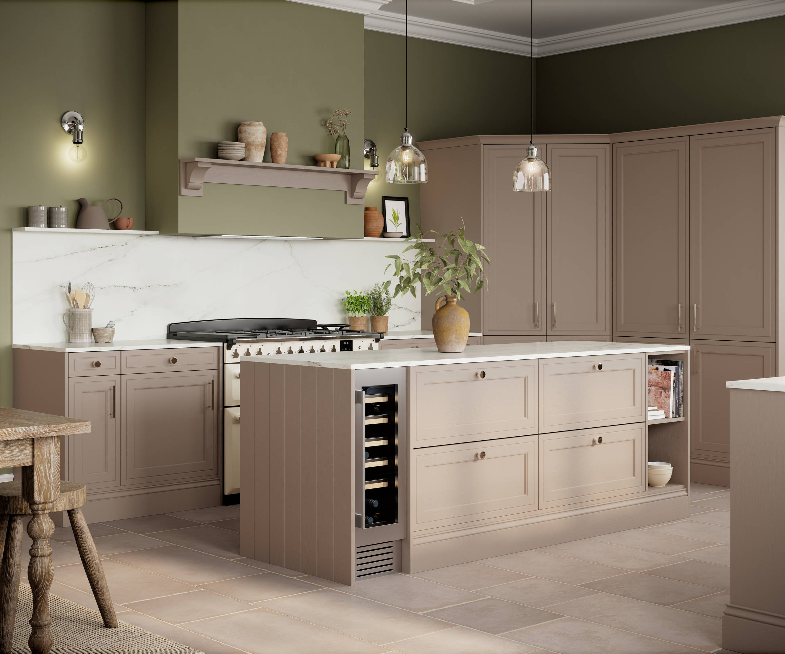 Shaker style painted wood grain Bewdley kitchen in neutral shade Cornish Clay, tall cabinets and kitchen island with marbled worktop and matching backsplash, wine cooler in the kitchen island and gas range cooker.