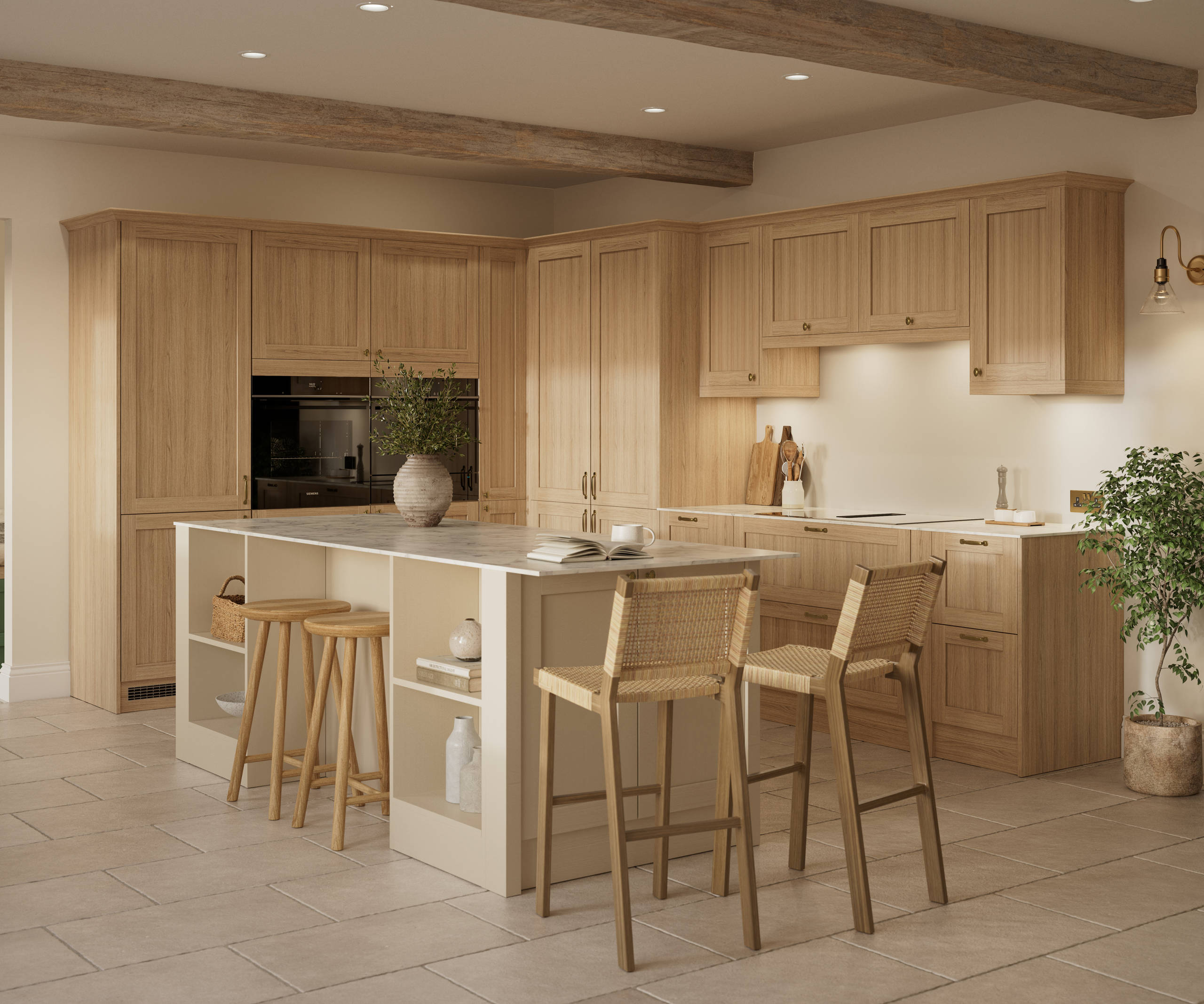 Traditional premium contemporary Shaker kitchen Ambleside in oak with brass knobs and handles, tall and wall-mounted cabinets and kitchen island with seating area and open shelves.