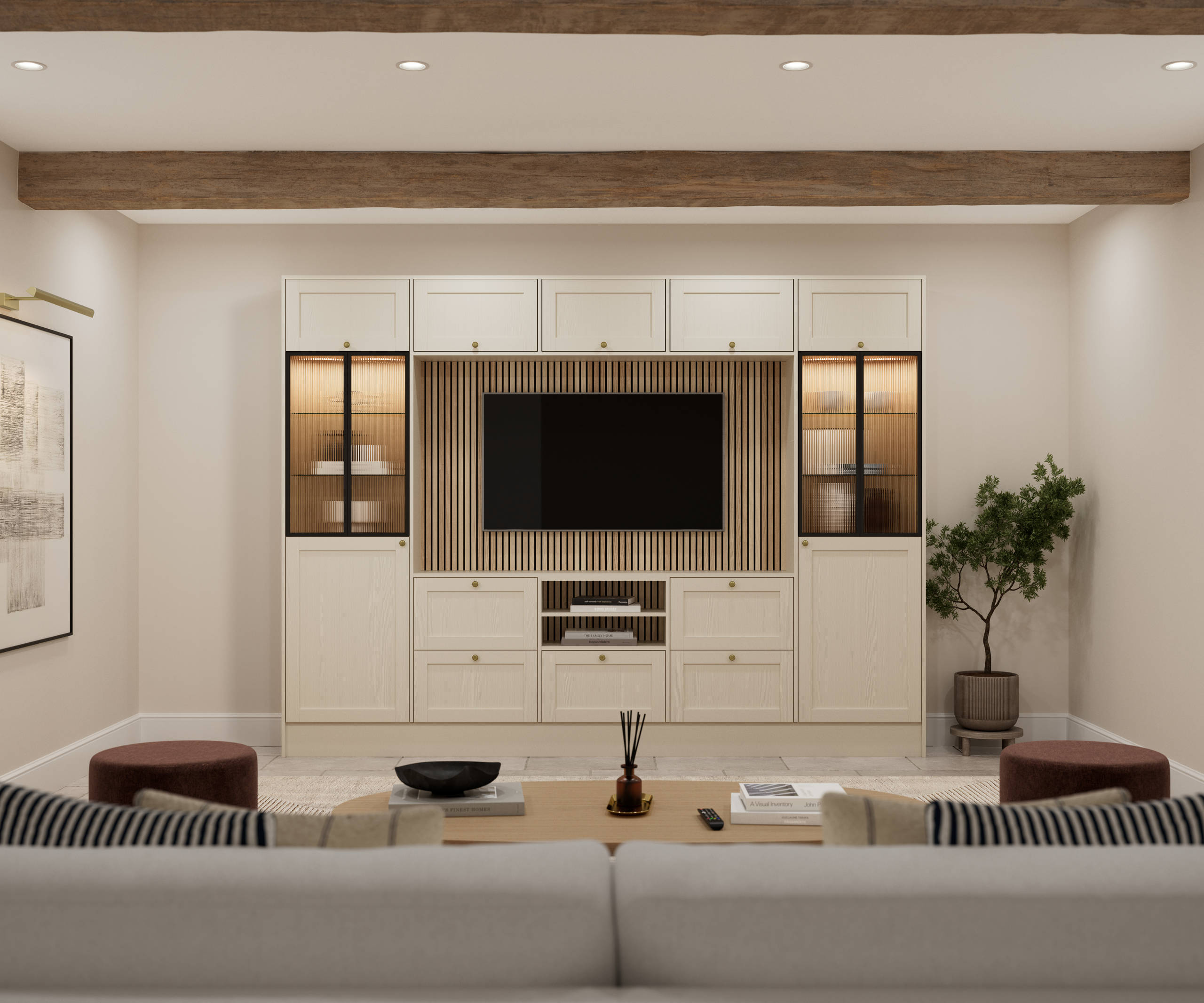 Media wall with Ambleside Shaker style cabinets, with sleek and modern frame width in the beige neutral cream shade Sand and fluted glass black aliminum framed vitrine.
