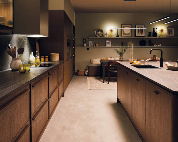 The Nordic Nature kitchen from Magnet, in a soft warm evening light.