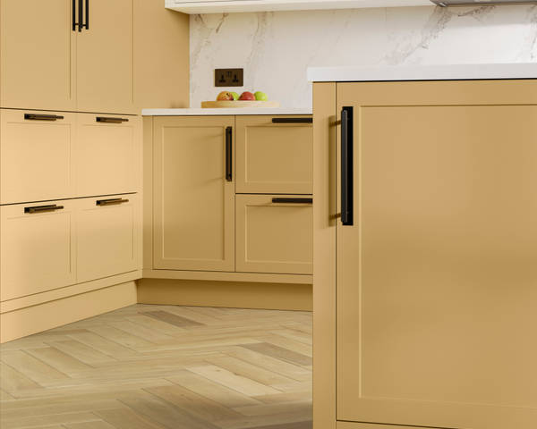 Dunham in shade Harvest has a thin frame and smooth painted finish with no visible woodgrain, providing a contemporary feel to a traditional look..