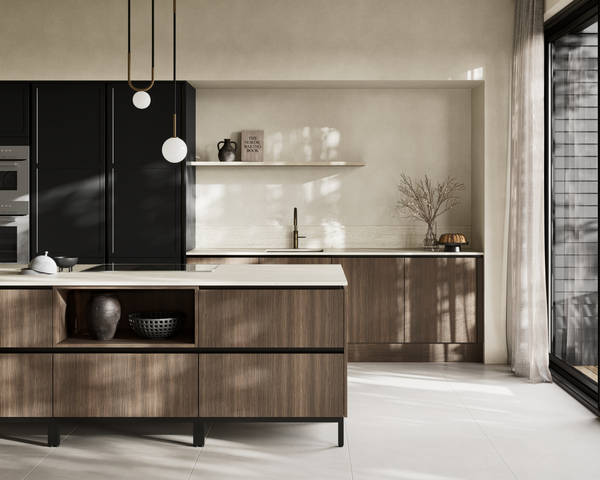 Handleless Integra Brunswick Sumi Black ultra-slim super-matt Shaker design and handleless rail system, with built-in ovens,  Portobello kitchen island and soft white marbled worktop and upstand, brushed brass tap.