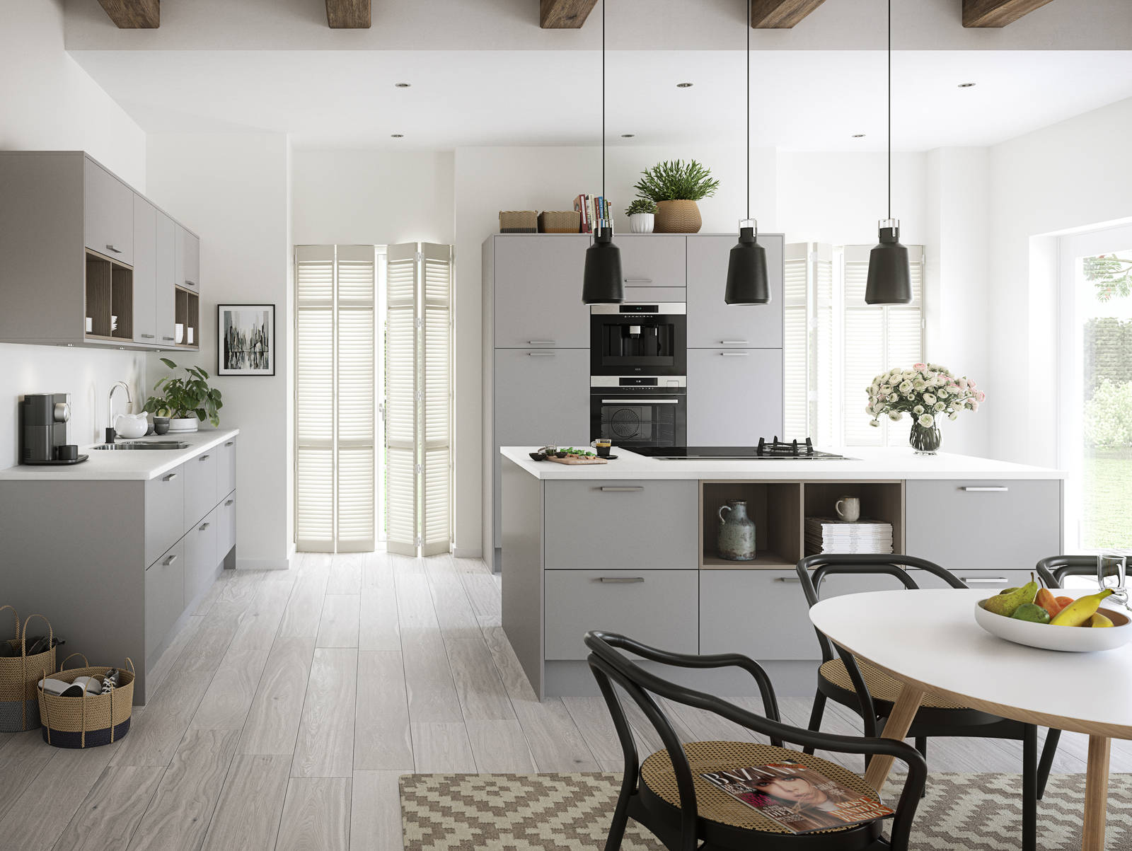 Nova by Magnet. Affordable slab door kitchen available in matt and super glass. 6 colours to choose from.