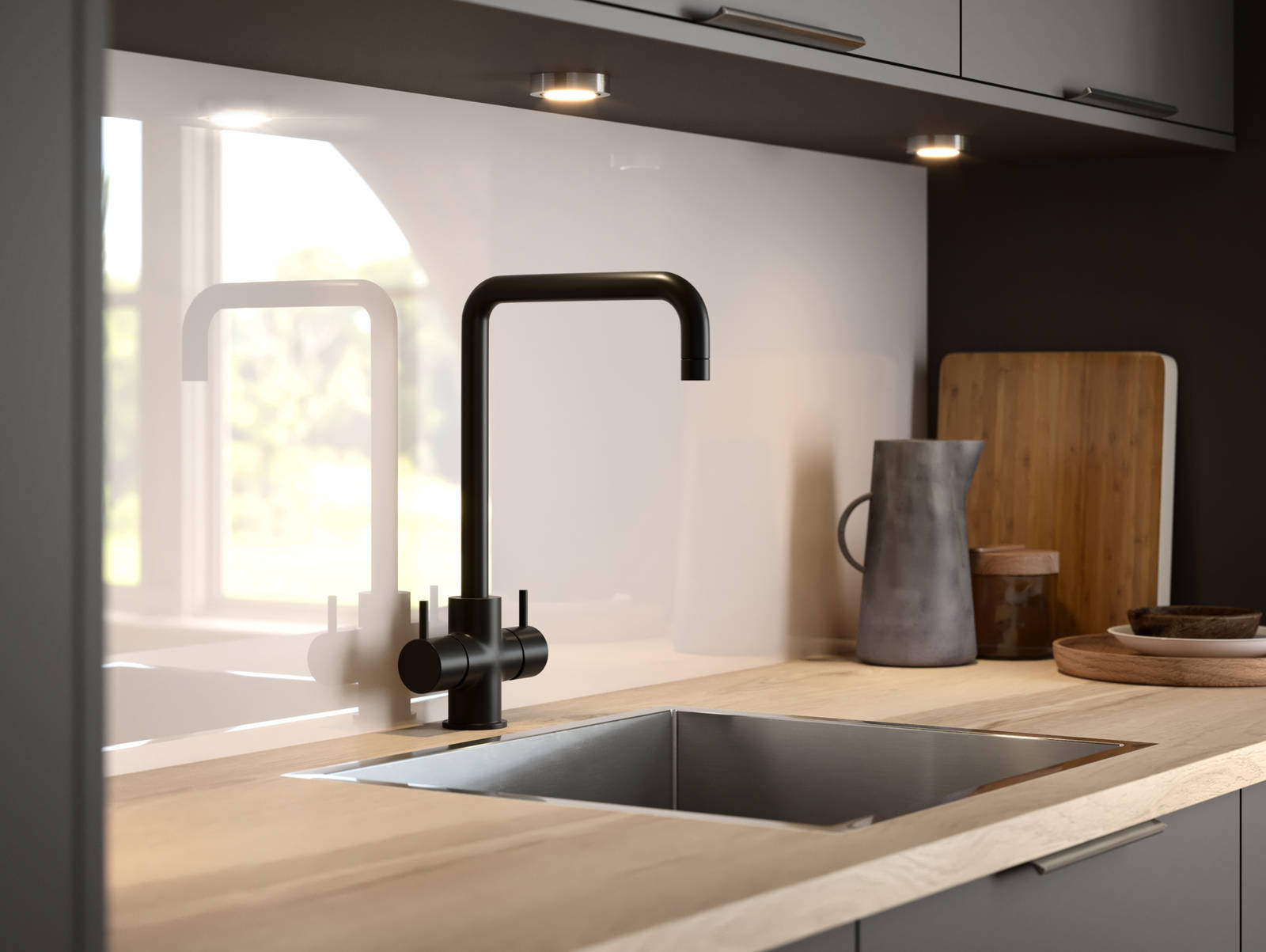 Nova by Magnet. Affordable slab door kitchen available in matt and super glass. 6 colours to choose from.