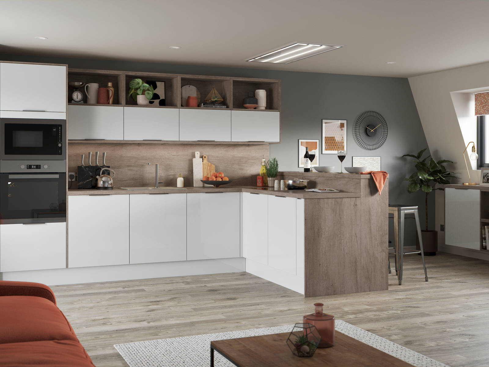 Nova by Magnet. Affordable slab door kitchen available in matt and super glass. 6 colours to choose from.