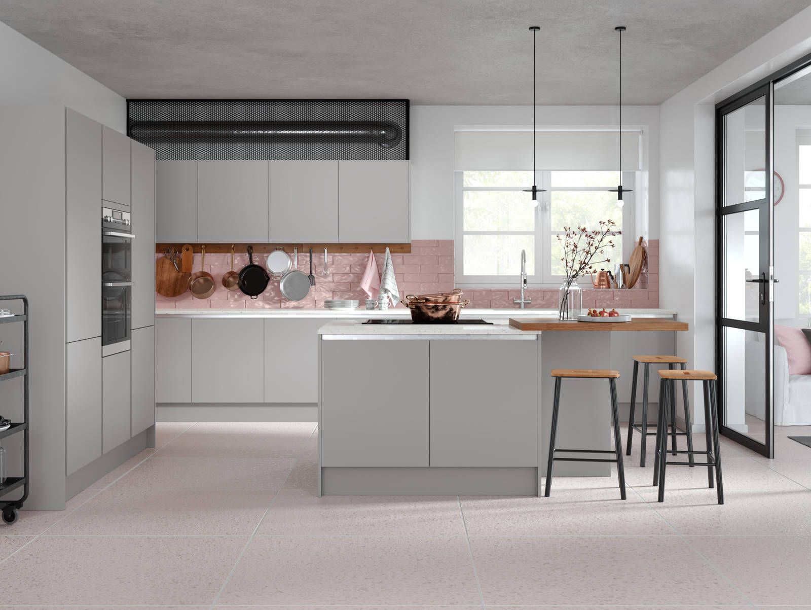 Integra Ascoli kitchen by Magnet. Matt finish handless door with trim brushed in aluminium for a high end finish.