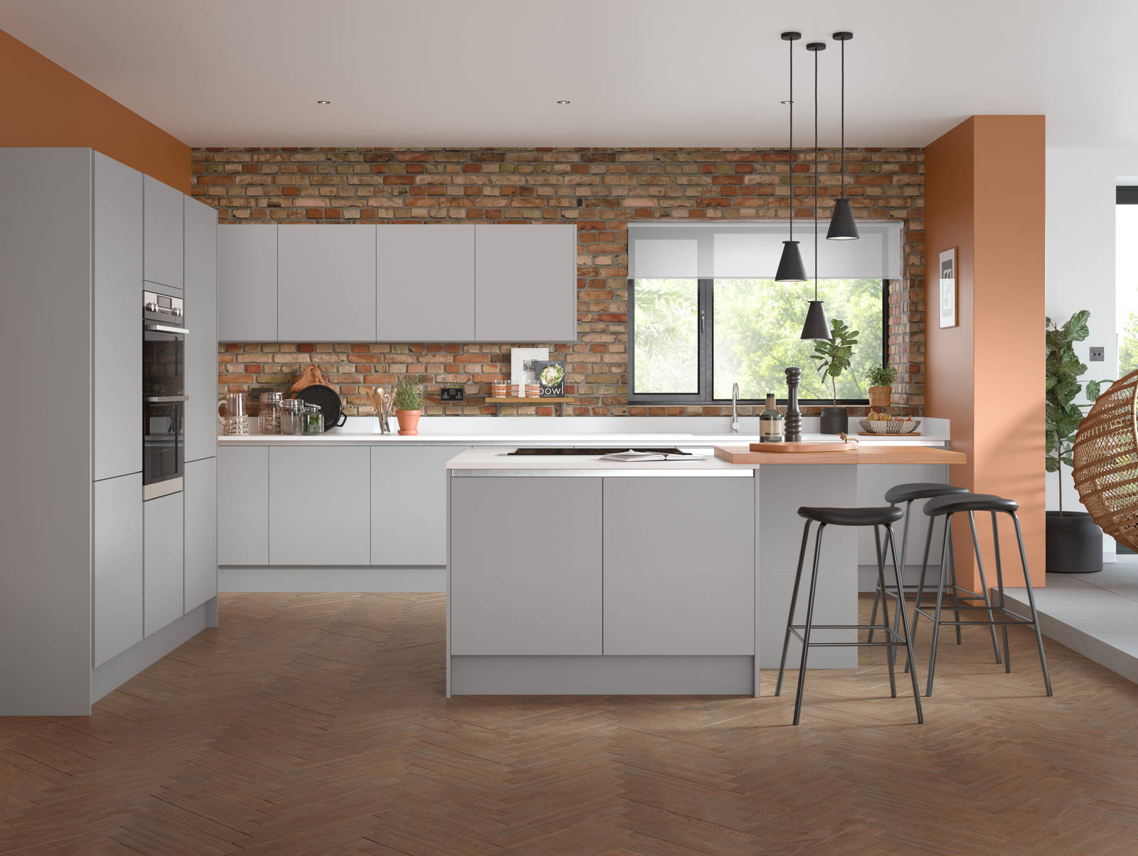 Integra Ascoli kitchen by Magnet. Matt finish handless door with trim brushed in aluminium for a high end finish.