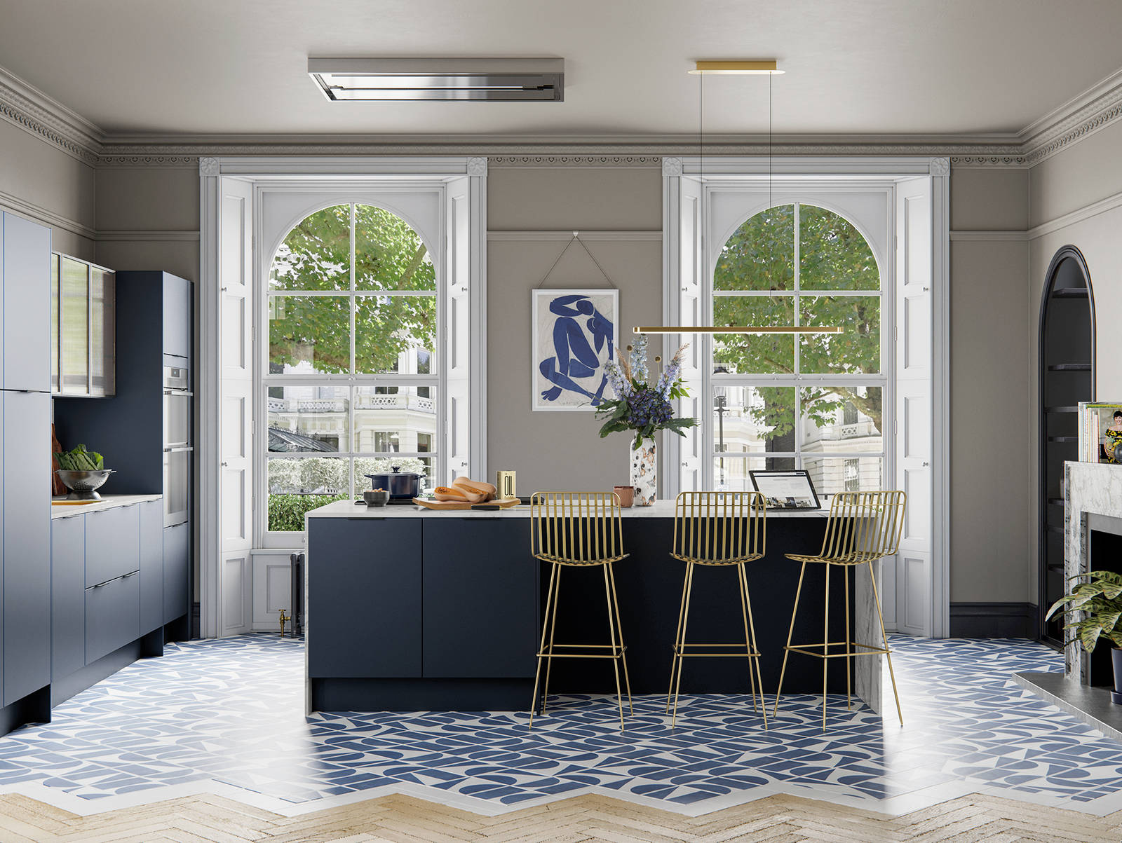 Hoxton kitchen. Smooth slab doors in a painted effect finish. Minimalist styling with your choice of handles and three colours.