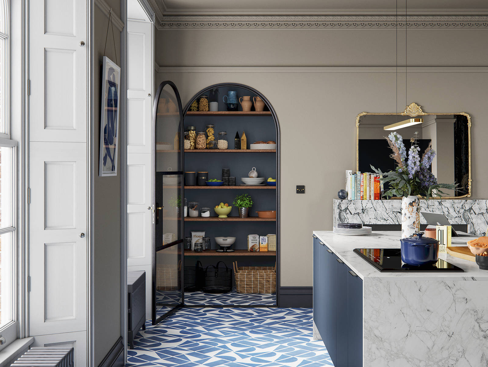 Hoxton kitchen. Smooth slab doors in a painted effect finish. Minimalist styling with your choice of handles and three colours.
