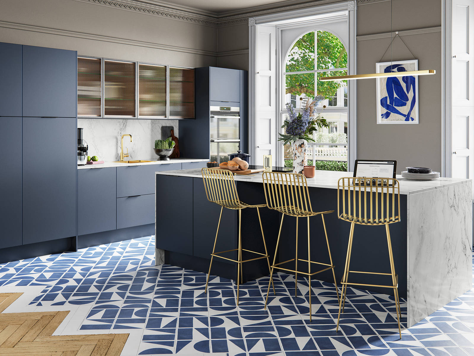 Hoxton kitchen. Smooth slab doors in a painted effect finish. Minimalist styling with your choice of handles and three colours.