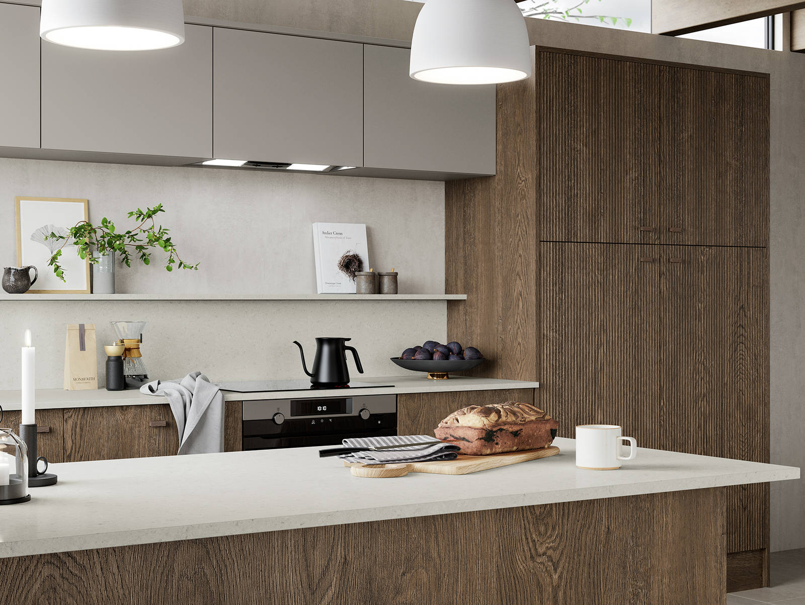 Nordic Nature. Modern wooden kitchen design with a Nordic influence. Featured floating worktops, a ribbed plinth and rounded end panels.