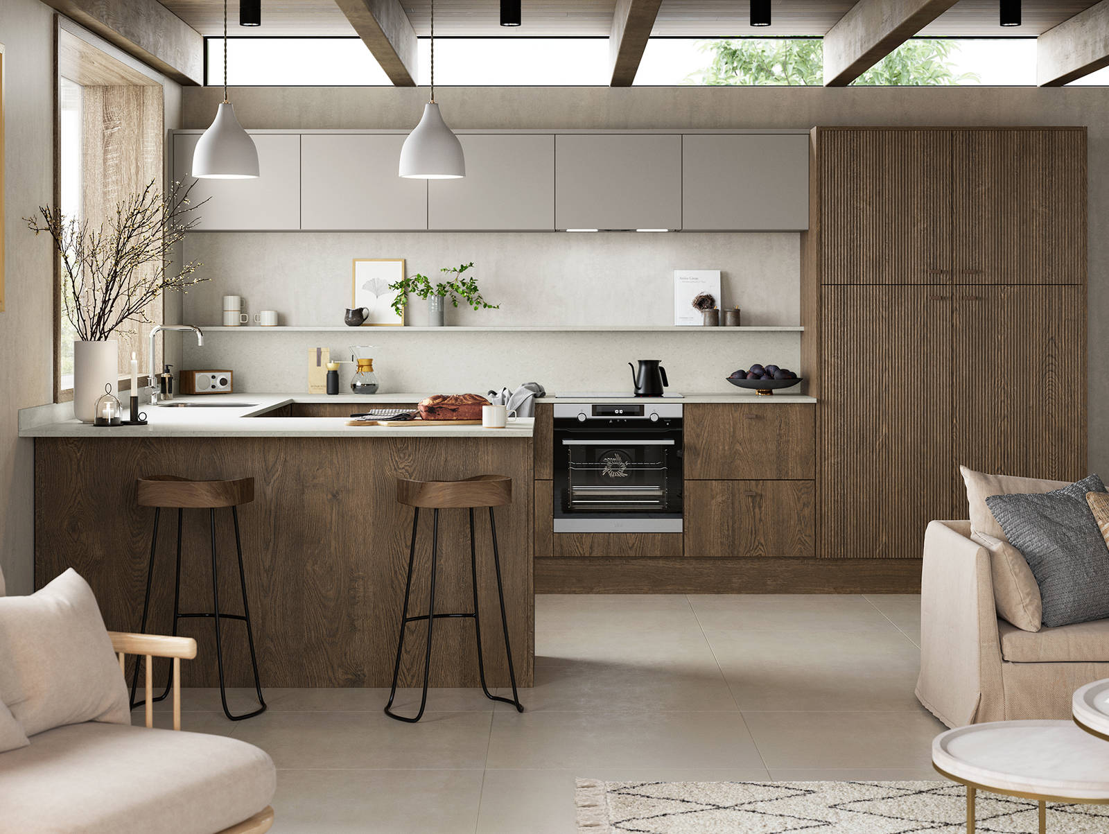 Nordic Nature. Modern wooden kitchen design with a Nordic influence. Featured floating worktops, a ribbed plinth and rounded end panels.