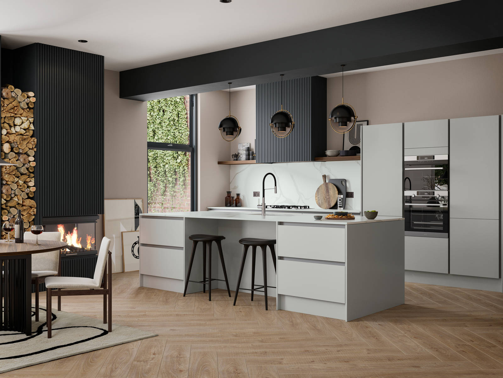 Integra Nova by Magnet. Matt finished handless option with trim brushed in aluminum for a high end feel.