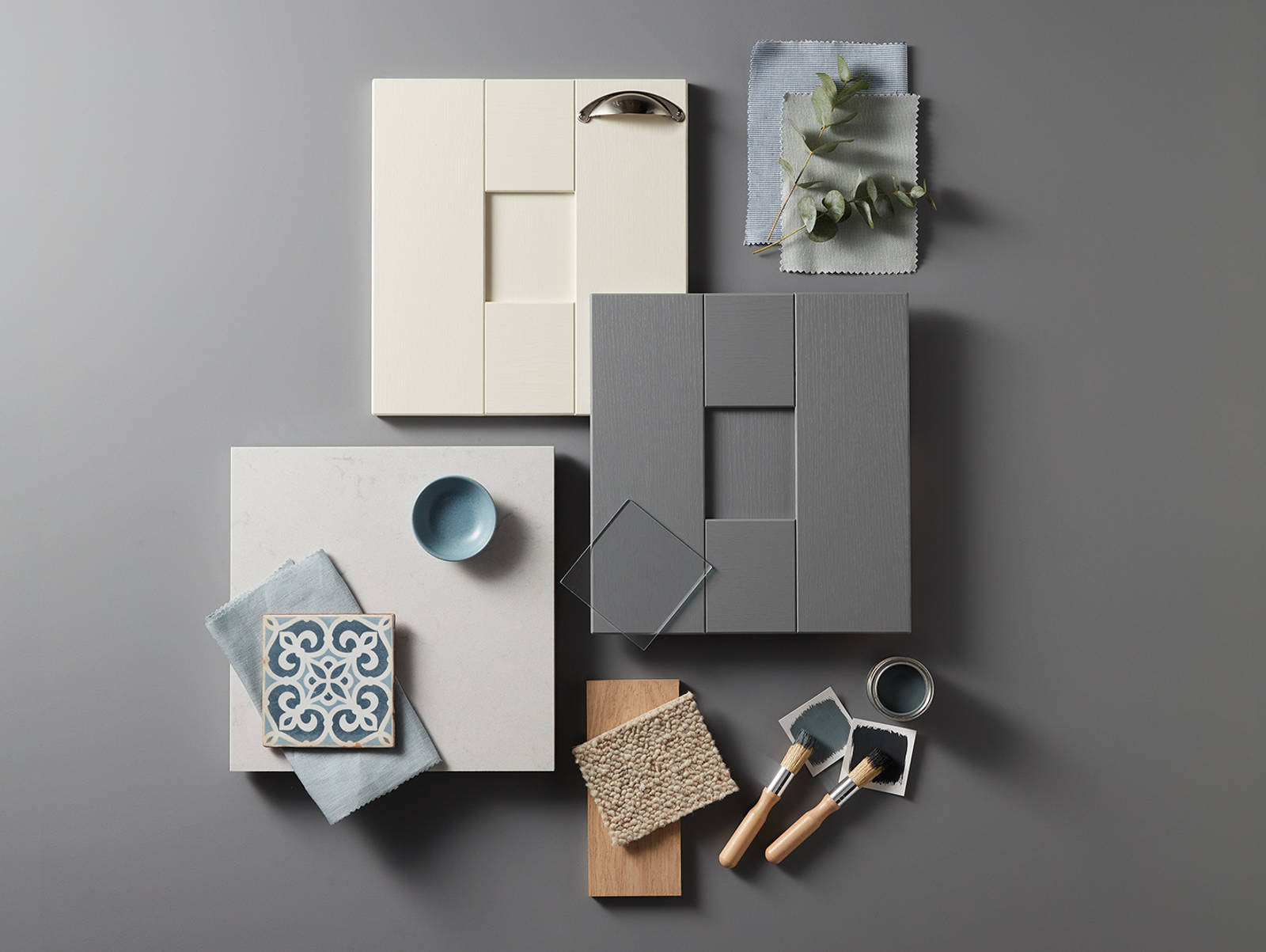 A moodboard of Winchester fronts in the light shade Cream and Grey, paired with some light blue and green samples.