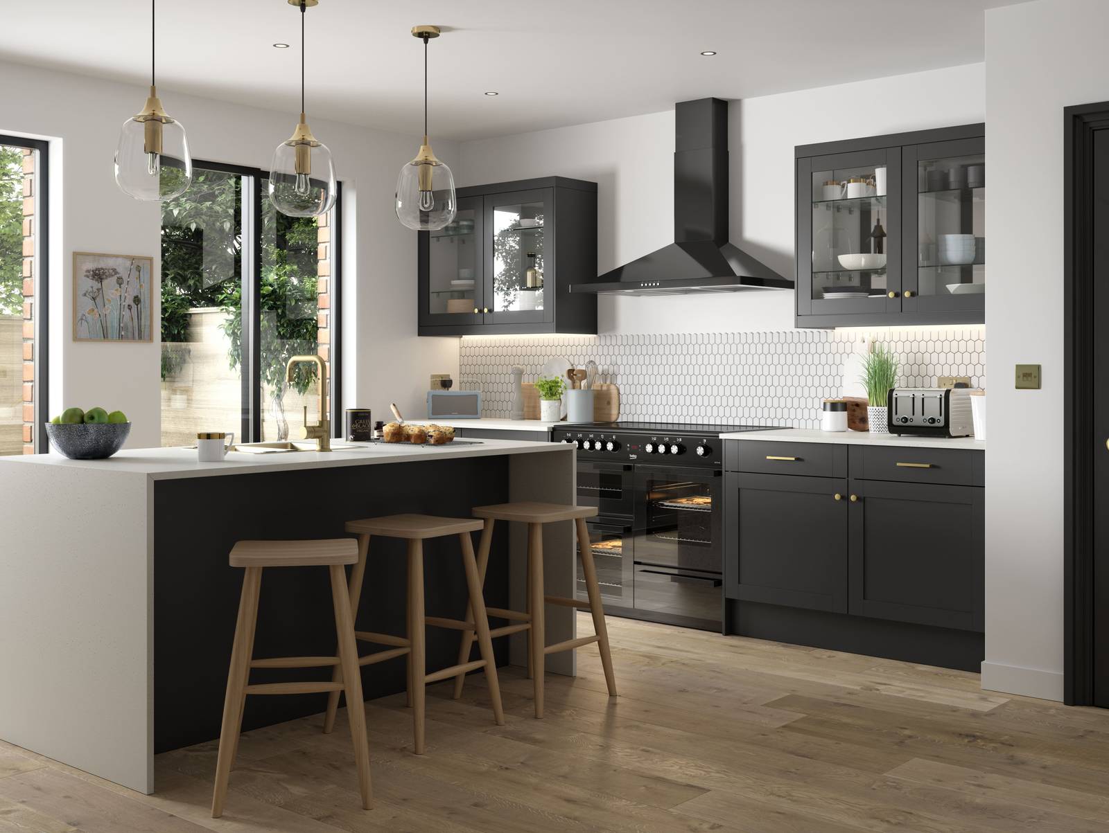 Tatton Graphite kitchen from Magnet, a contemporary dark grey narrow frame shaker door with a kitchen island featuring bar stool seating.