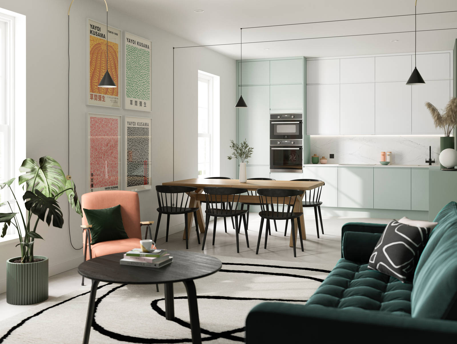 Minimalist kitchen design Luna, in the light and airy green shade Seagrass, with its integrated handle that gives any kitchen a beautiful, sleek finish.