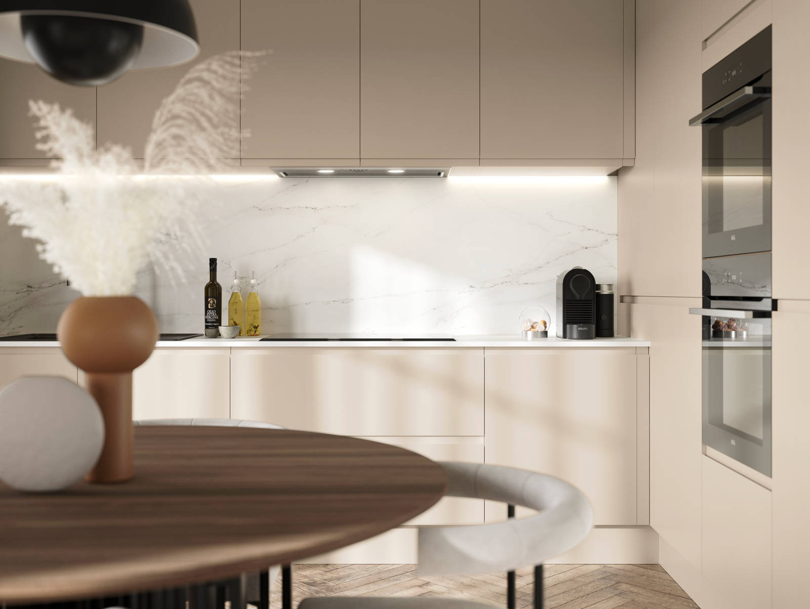 Luna in the shade Pebble is the ideal base for a minimalist kitchen design with its integrated handle that gives any kitchen a beautiful, sleek finish.