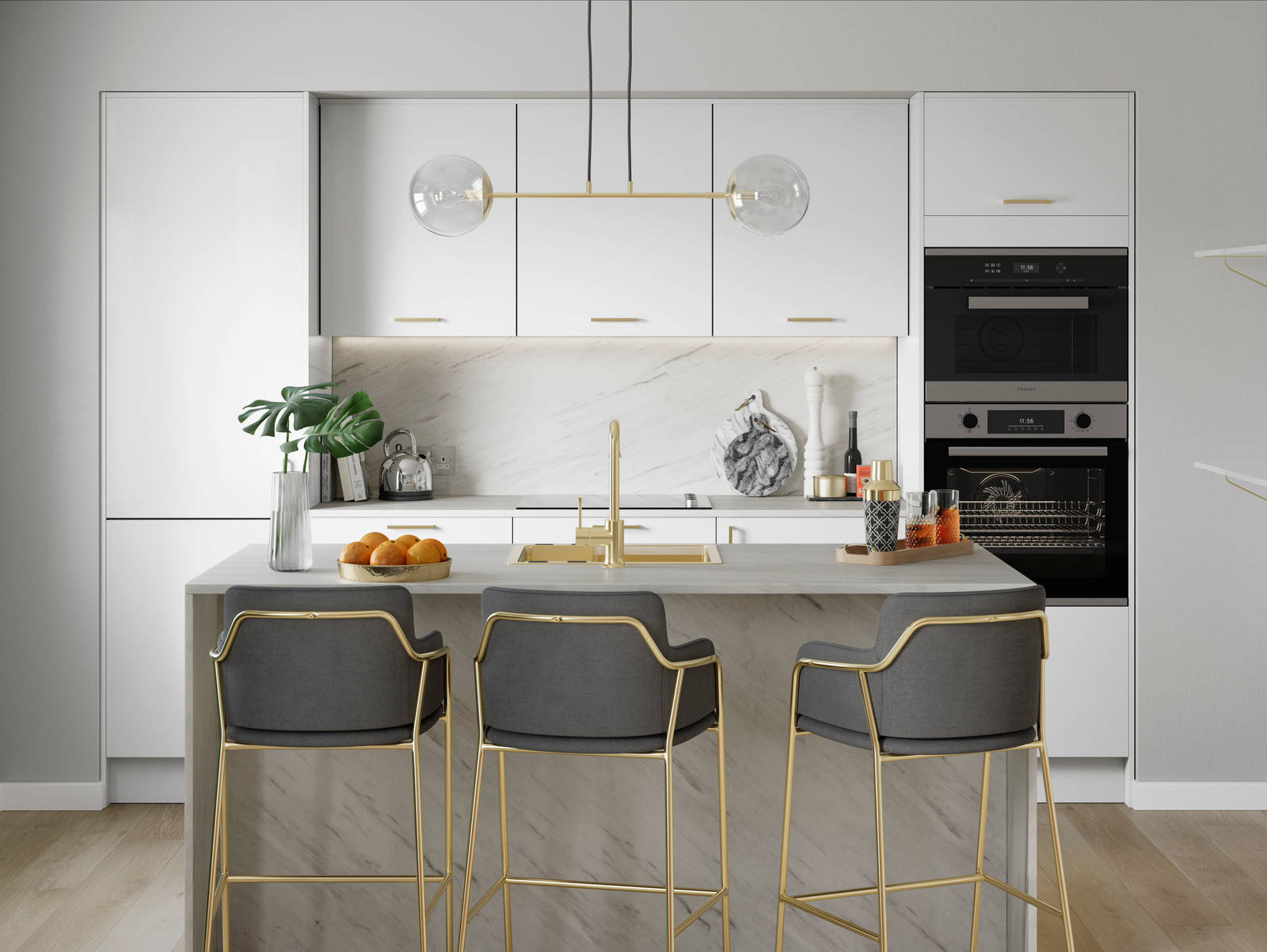Nova Gloss White smooth slab surface cabinetry paired with light grey marbled worktop, splashbacks and brass details like tap, sink, chairs and lighting.