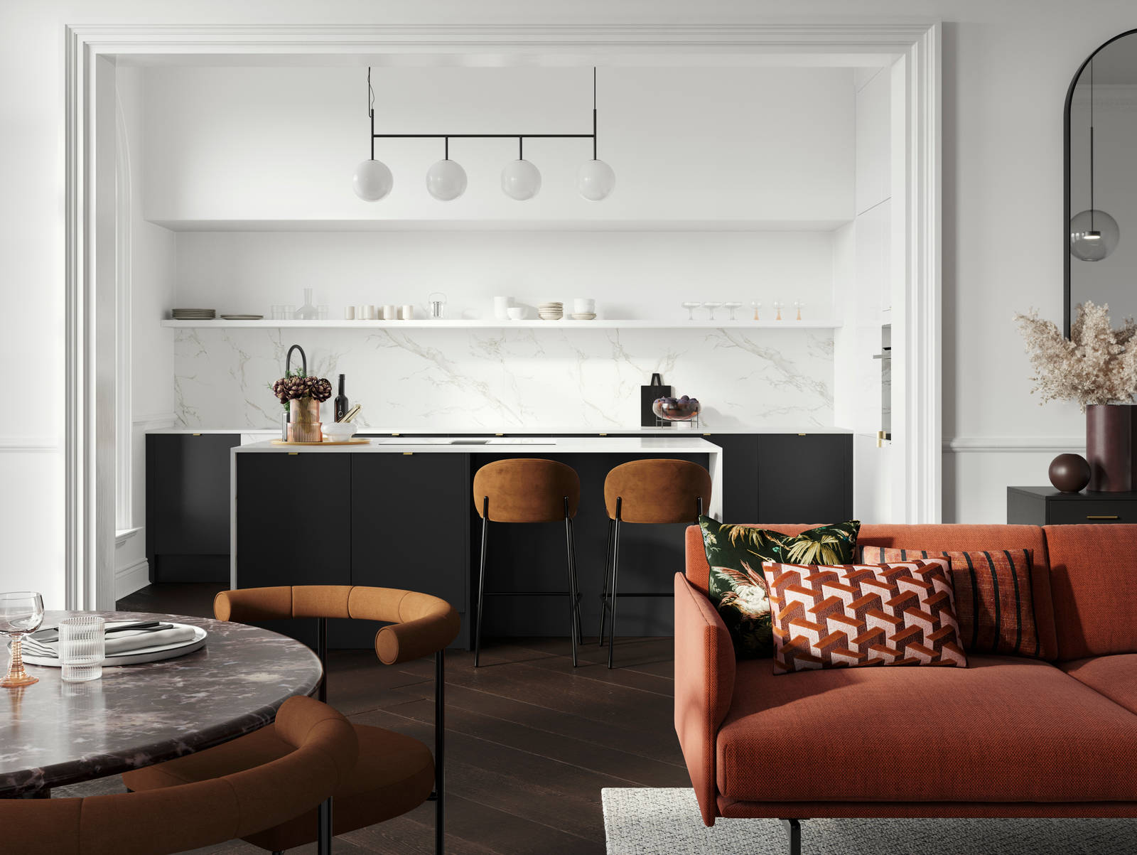 Minimal maximalism with Magnet's Hoxton kitchen in Sumi Black, combined with white marbled worktop and splashbacks and colourful interiors.