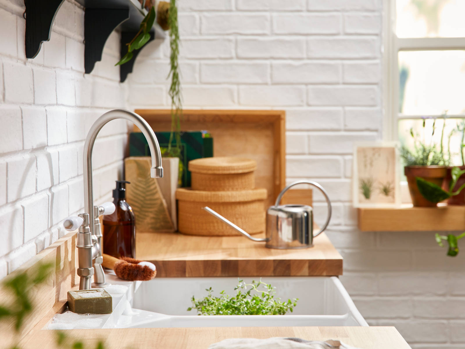 Timber worktop with white sink