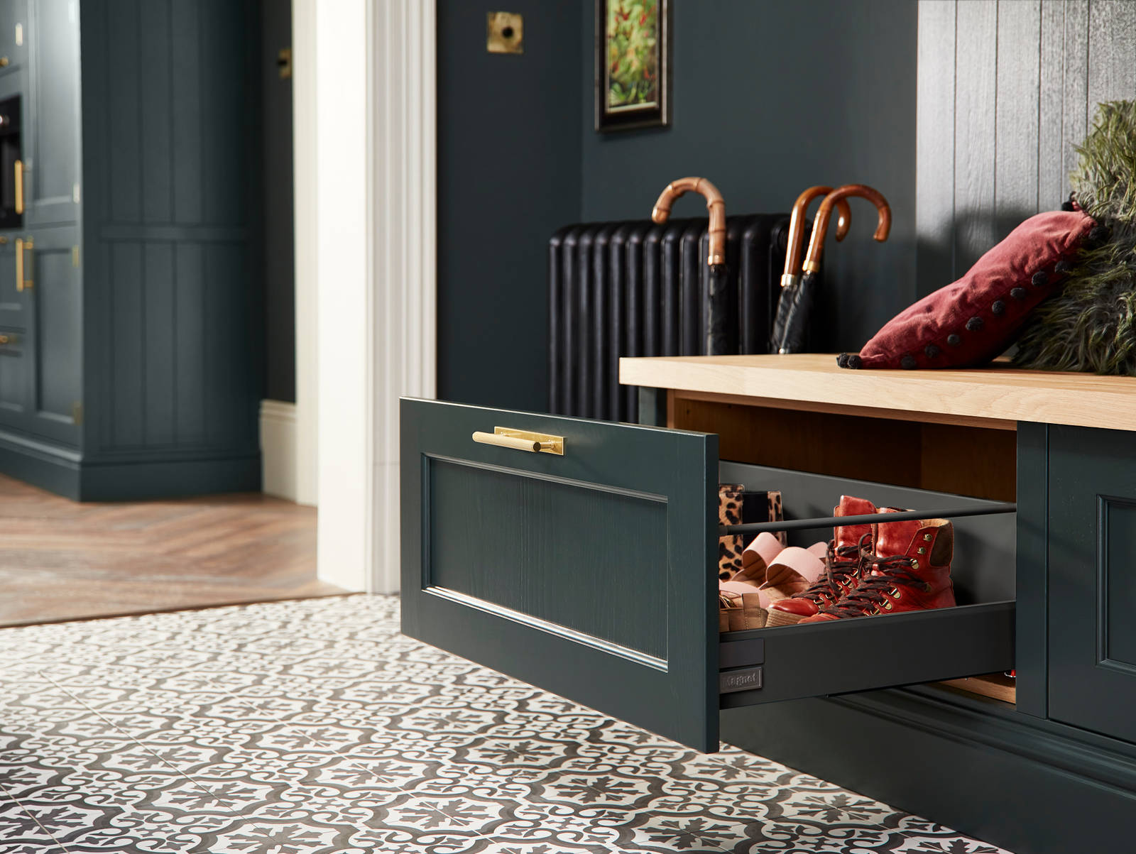 Ludlow arboretum green hallway bench cabinetry, open drawer.