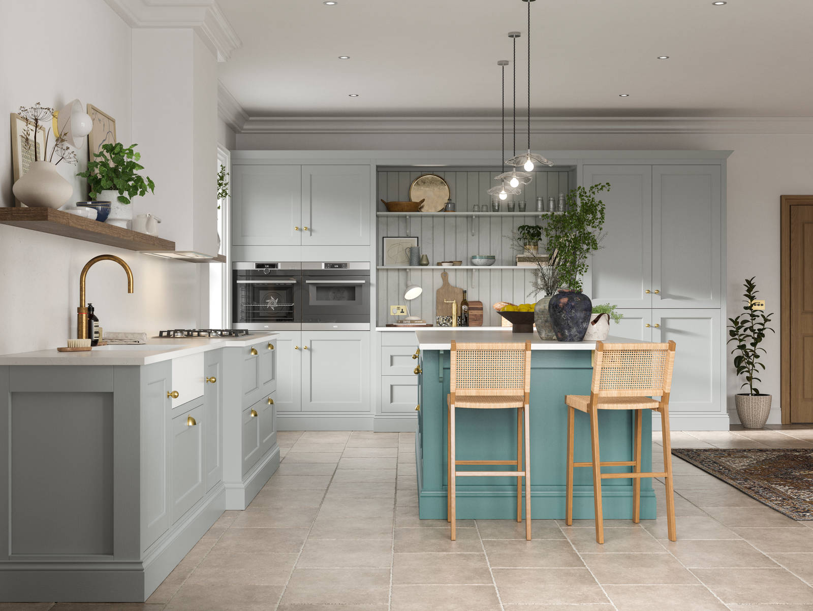 Traditional Shaker-style kitchen range in light grey with a blue kitchen island.