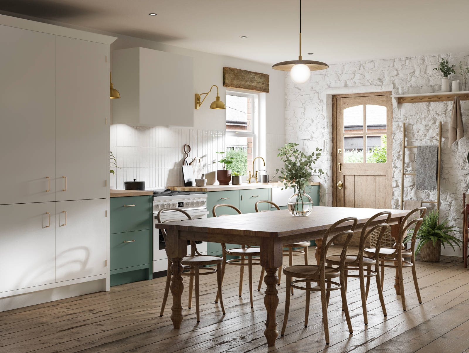 Contemporary cottage kitchen with Soho Eucaluptys, tall pantry cabinets in white, and a light wood dining table