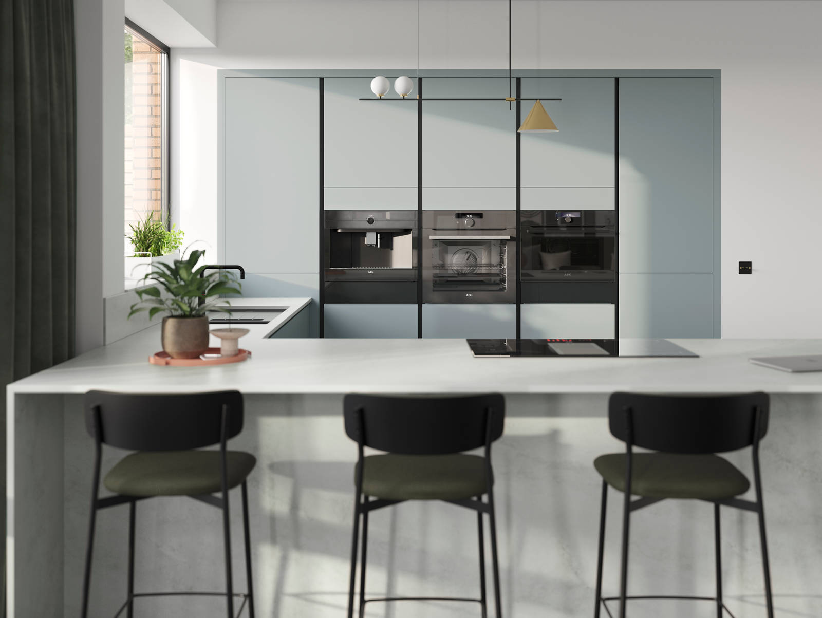 Integra Sky is a light blue frameless slab door with integrated handles in a smooth paint finish.