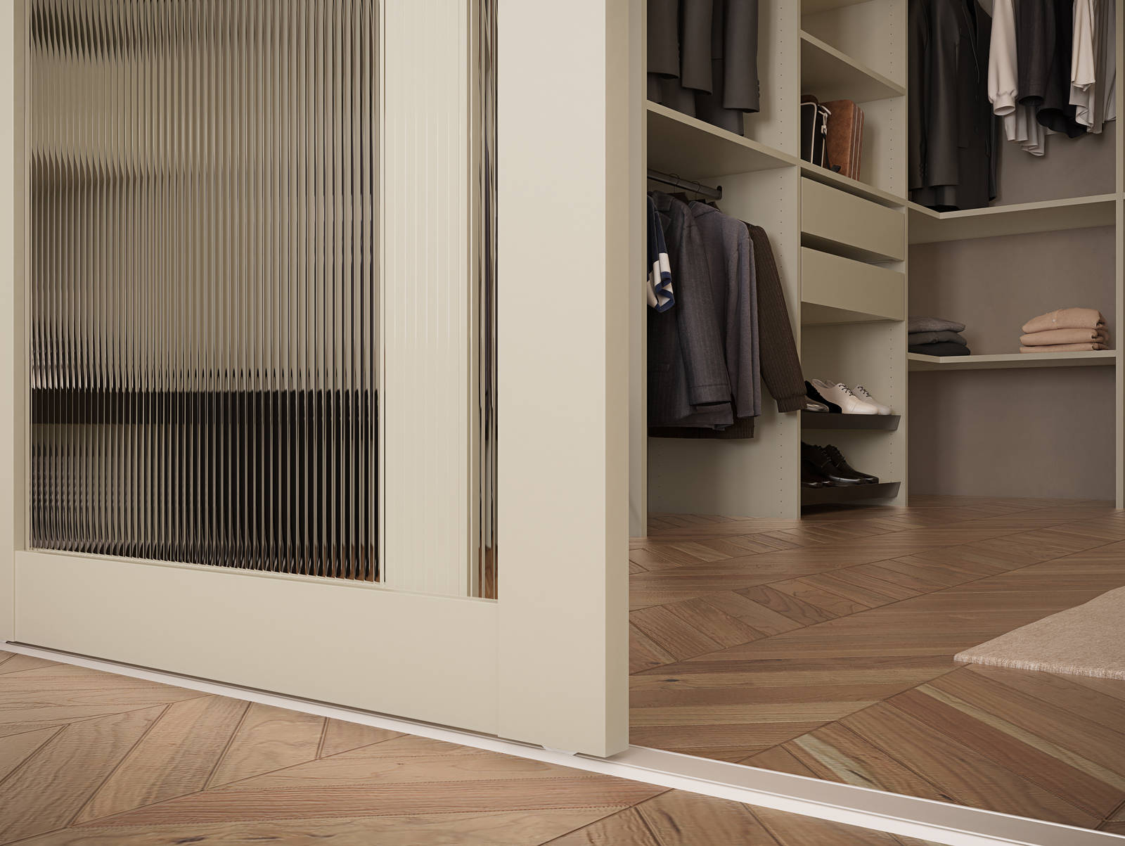 Nærbillede af glasskydedør med beige træramme