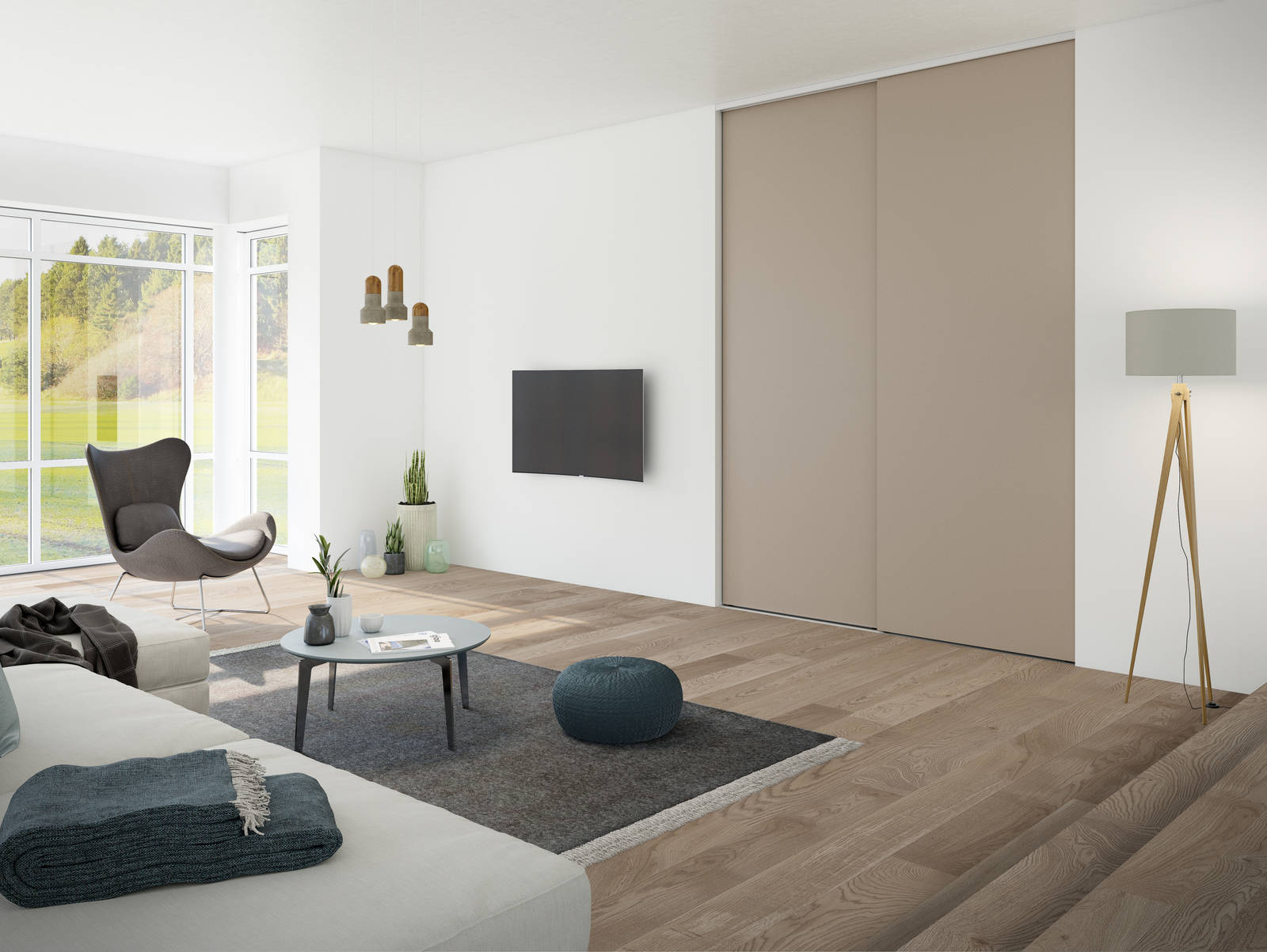 Garderobe i stue med beige skydedøre