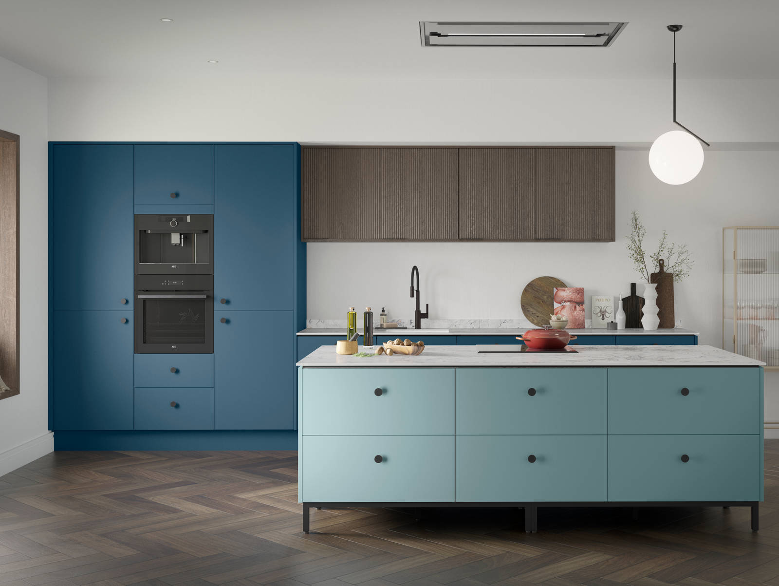 Soho Voyage Blue kitchen with fluted wood Nordic Nature wall cabinets and Soho Sky kitchen island, a premium painted slab front.