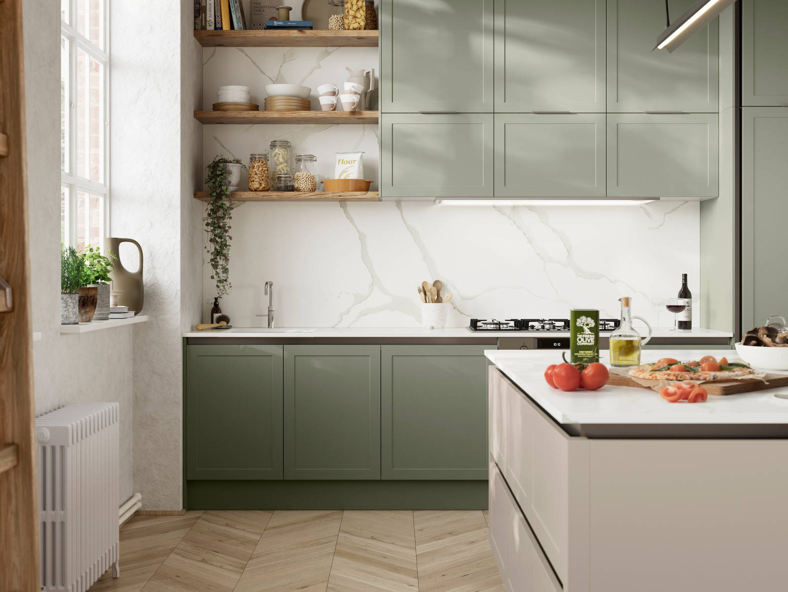 Integra Dunham from Magnet is a handleless shaker frontal, here shown in kitchen with kitchen island and wall cabinets in shades Misty Moors and Pebble, with a white marbled worktop and matching splashback with wood open wall shelves..