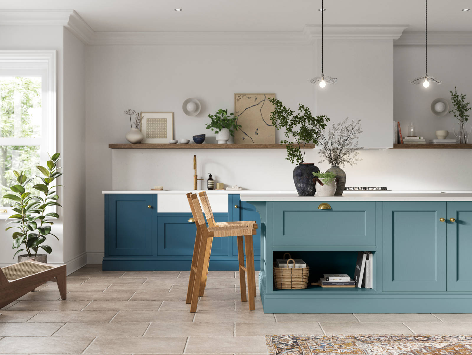 Ludlow in blue shades Sky and Voyage blue, a traditional Shaker-style kitchen range featuring panelled doors with visible woodgrain and beading detail.