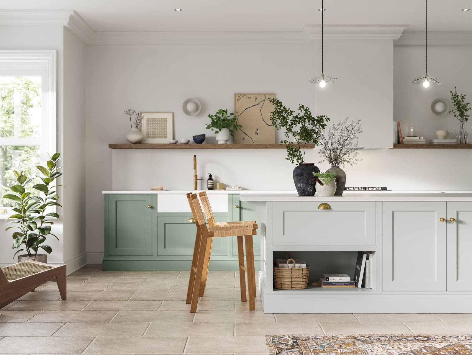 Traditional Shaker-style kitchen range in Eucalyptus Green with a light grey Fresh Linen shade kitchen island.