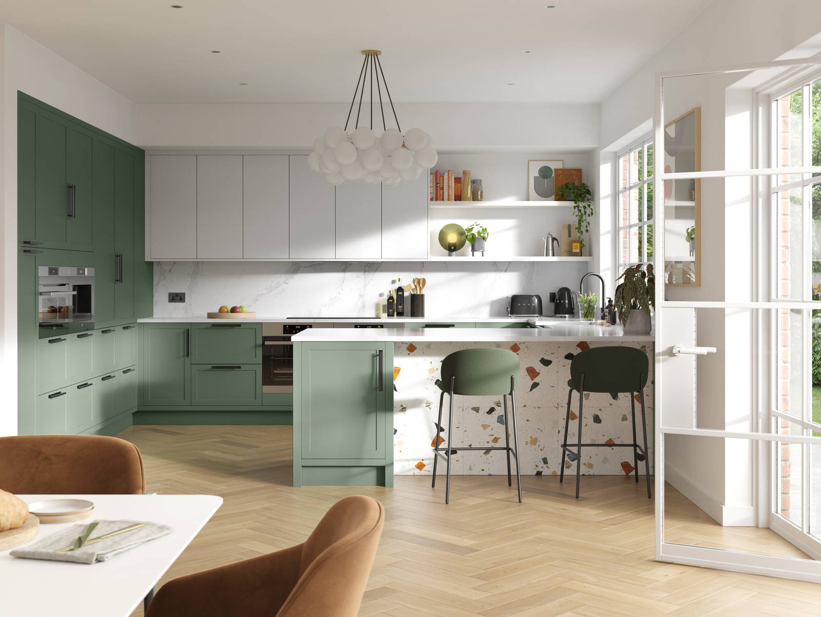 Dunham in Eucalyptus Green and Fresh Linen has a thin frame and smooth painted finish with no visible woodgrain, providing a contemporary feel to a traditional look.
