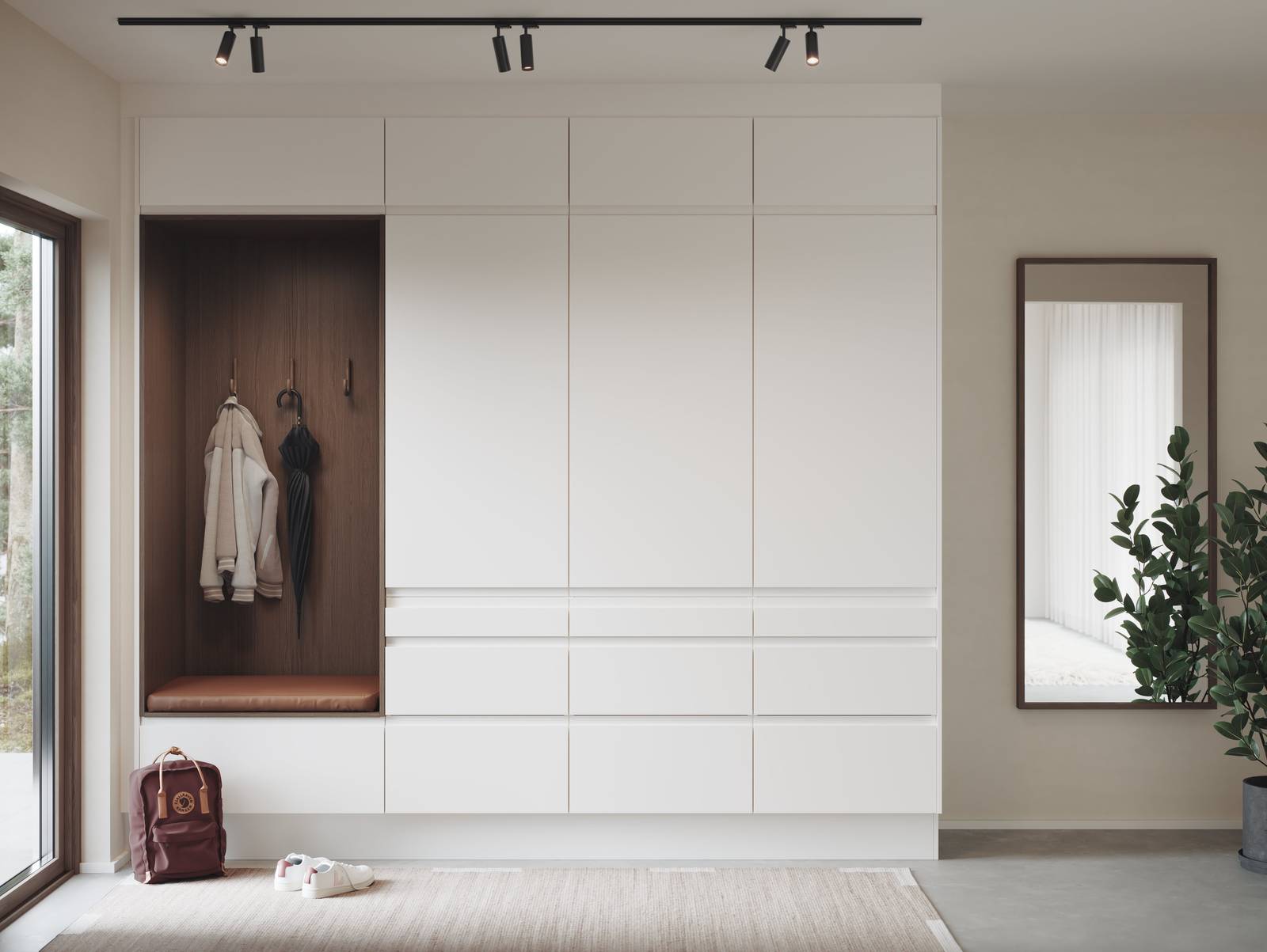 Magnora Garderobe er tidløs eleganse kombinert med orden, de innfreste grepene i frontene gir et grafisk, funksjonelt og minimalistisk uttrykk