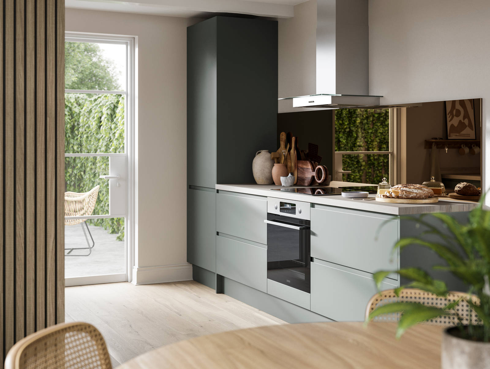 Minimalist kitchen Luna, in a green shade, with its integrated handle that gives any kitchen a beautiful, sleek finish.