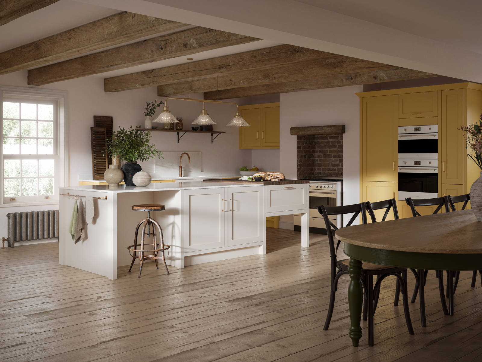 Alt text: Open floorplan shaker kitchen in the bright and beautiful yellow shade Harvest, paired with a kitchen island with matching frame door cabinets in the shade Limestone.