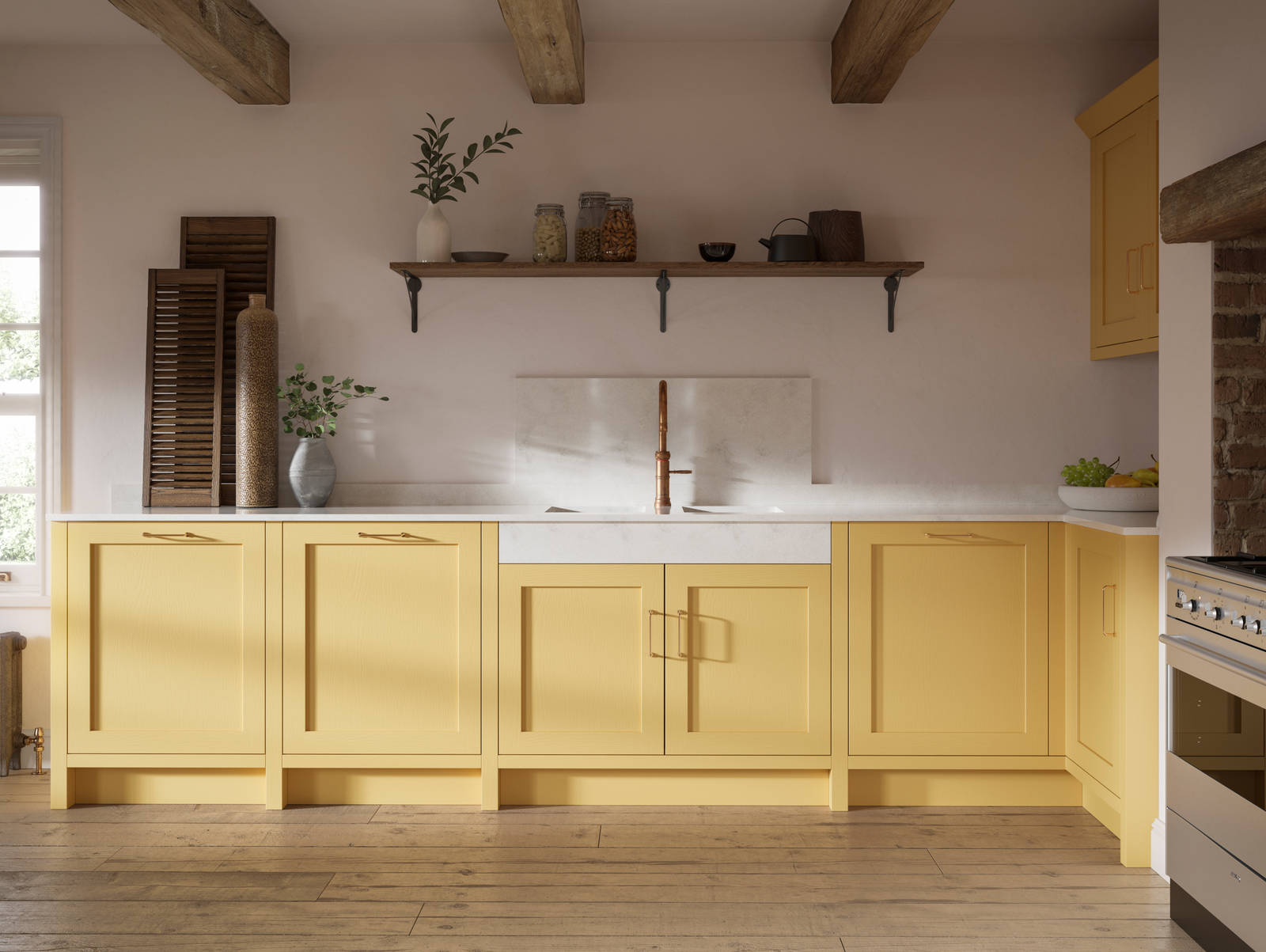 Shaker kitchen in the bright and beautiful yellow shade Harvest, paired with open wooden shelf and a marbled worktop.