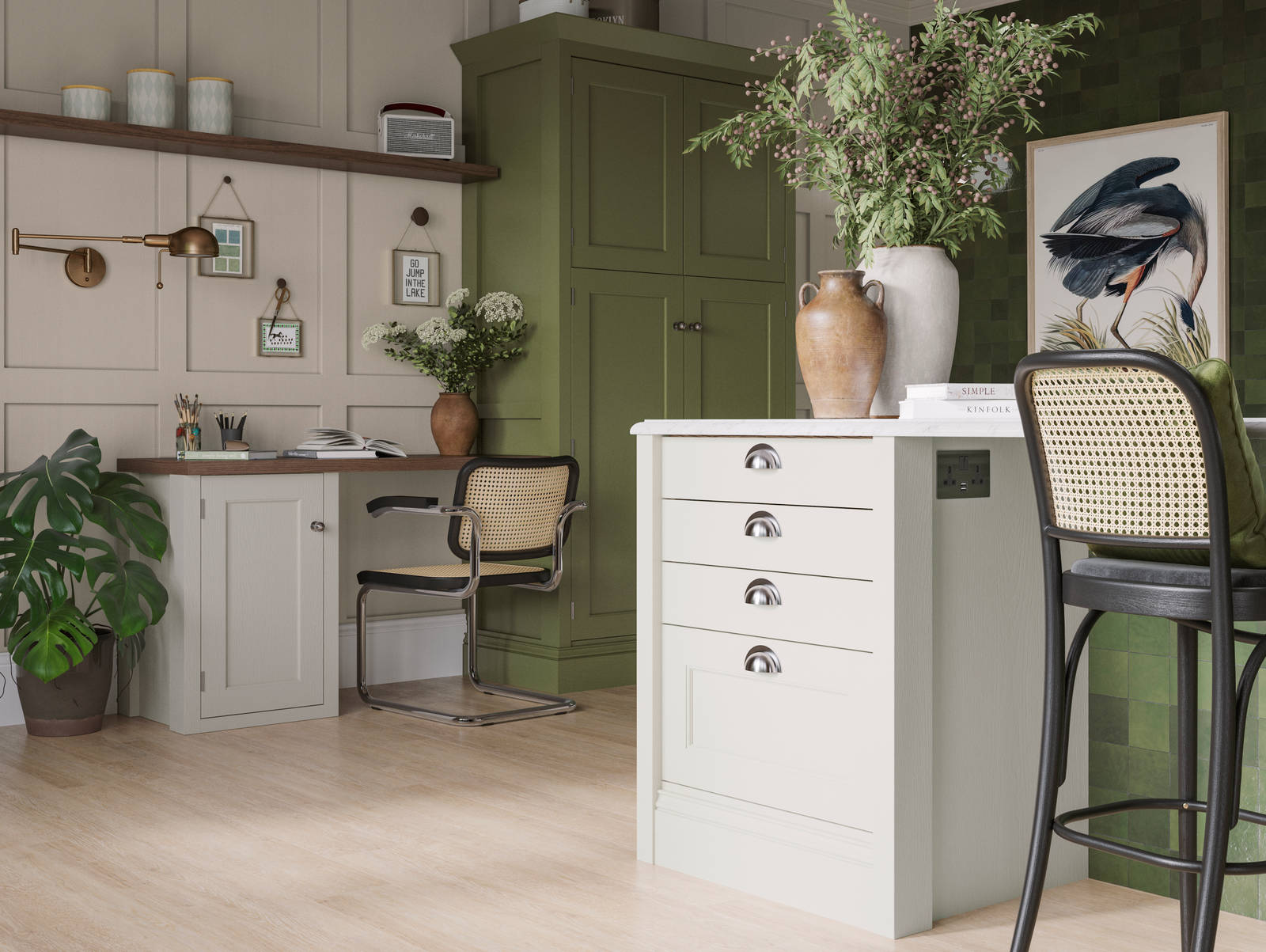 traditional Shaker-style kitchen range featuring panelled doors with visible woodgrain and beading detail