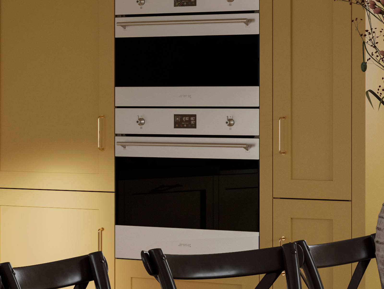 Integrated Smeg appliances in tall cabinets