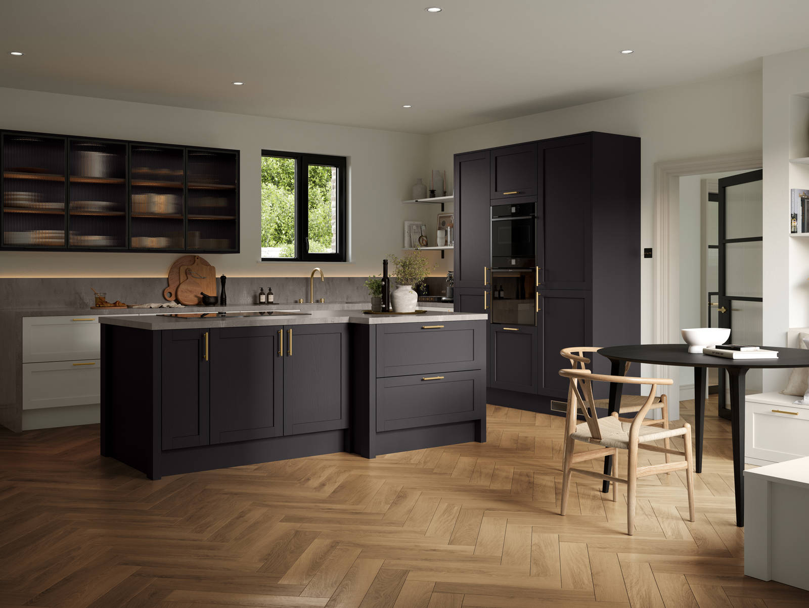 A contemporary Shaker kitchen with black cabinets and hardwood floors, paired with fluted glass cabinets.