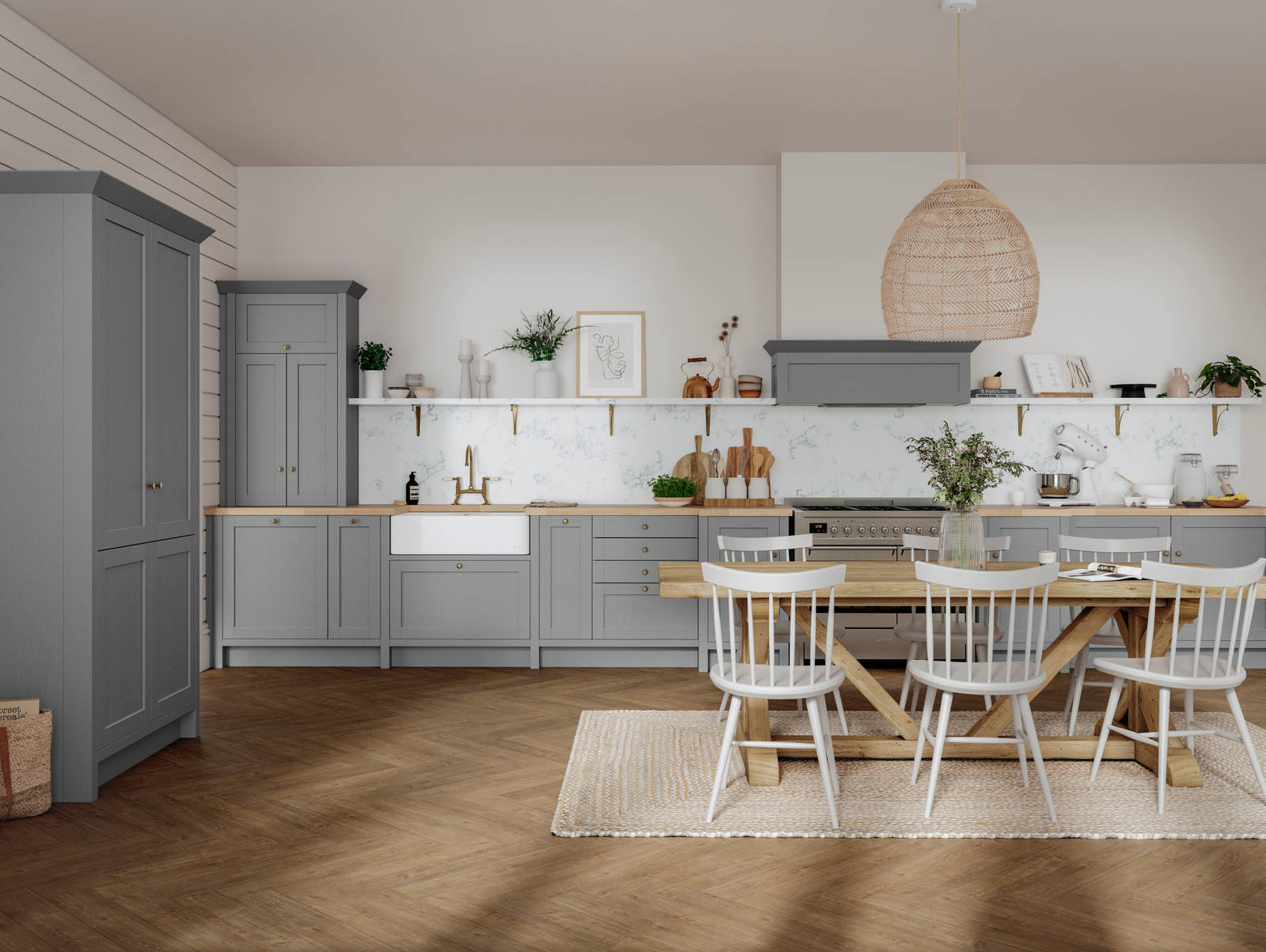 A contemporary home with a grey kitchen featuring white cabinets and wooden floors.
