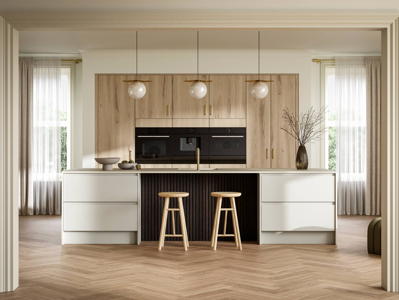 A bright and airy open-plan kitchen that incorporates Duxbury drawers and cabinets in Limestone, and Portobello units in Bosco.