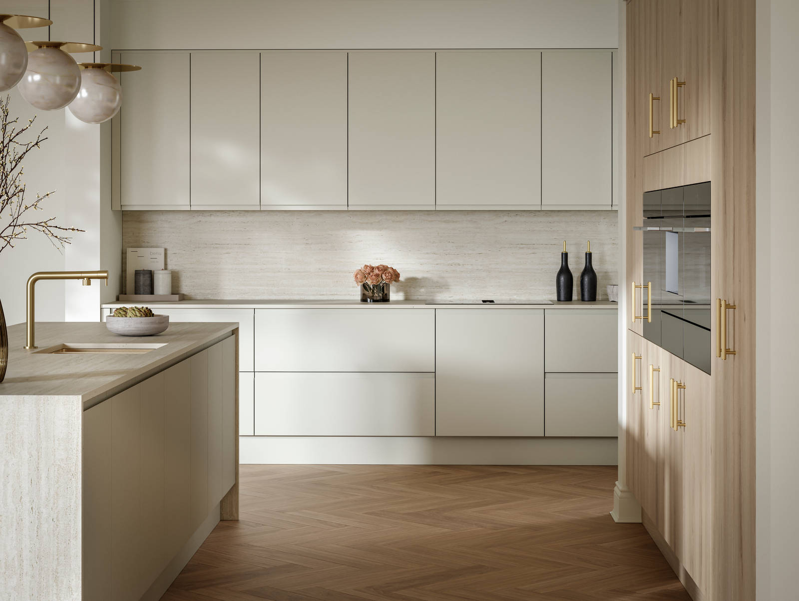 A bright and airy open-plan kitchen that incorporates Duxbury drawers and cabinets in Limestone, and Portobello units in Bosco.