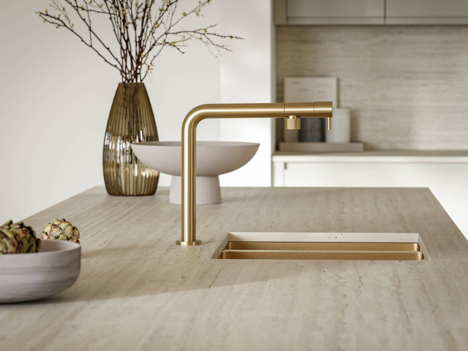 Minimalist kitchen island worktop with brass sink and tap