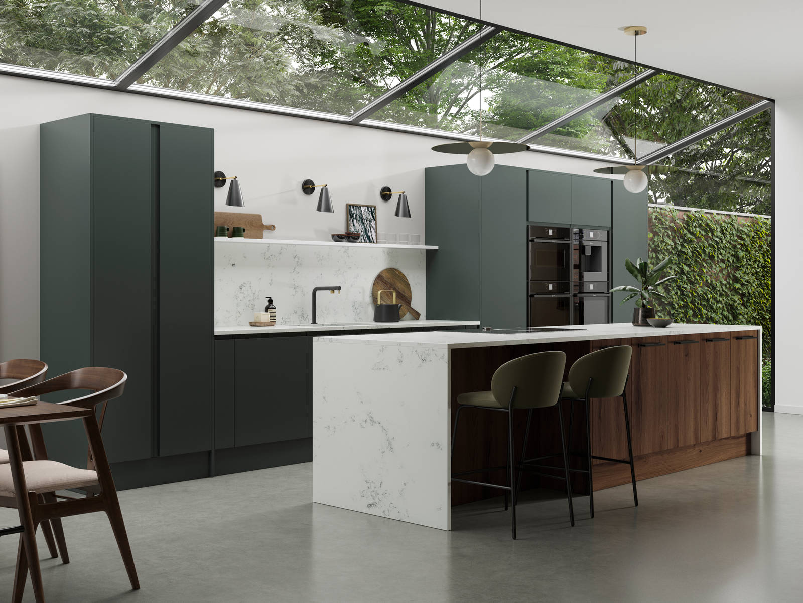 An open plan Magnet kitchen, showcasing our modern Duxbury range in Arboretum.