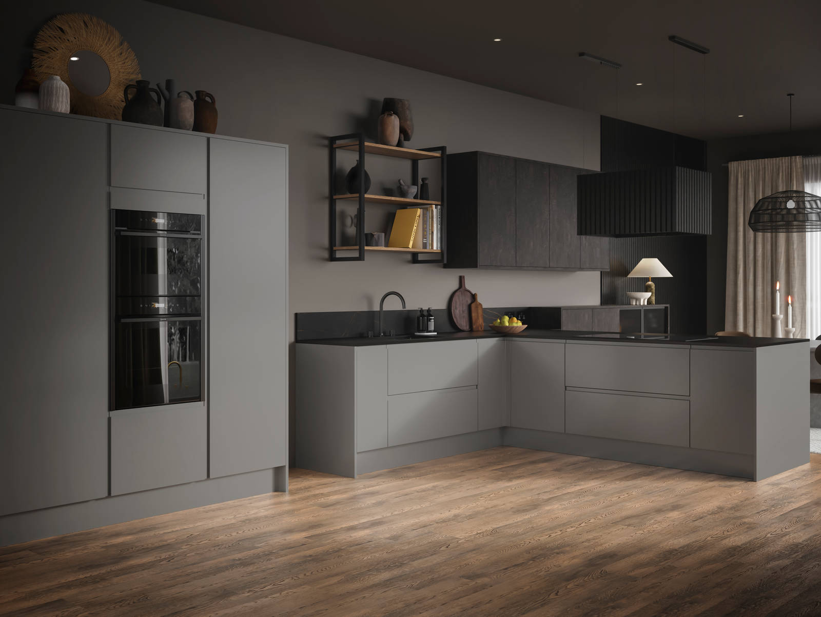 A wide-angle view of an open plan Duxbury kitchen with black appliances, dark worktops and open shelving with earthy accents.