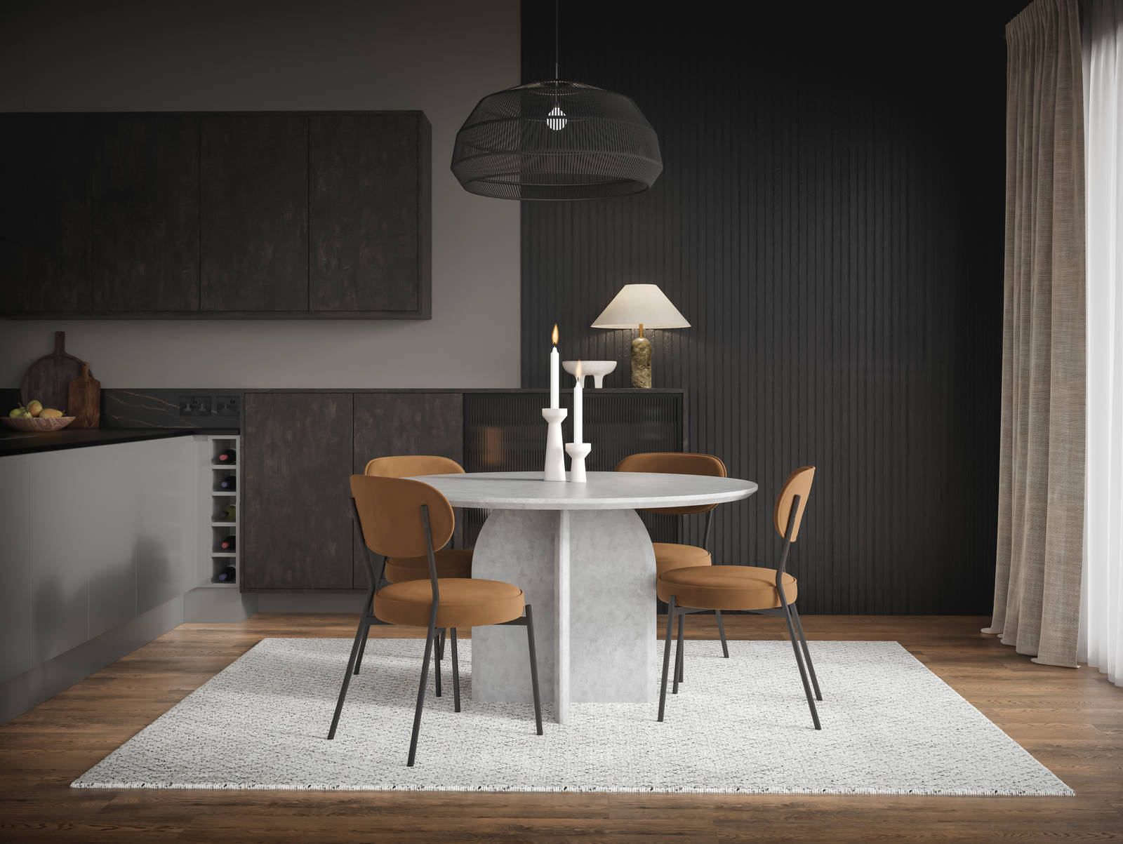 Modern Duxbury kitchen cabinets in Fawn are incorporated into a dining room set up, with functional wine rack integration, dark worktops and wooden accents.